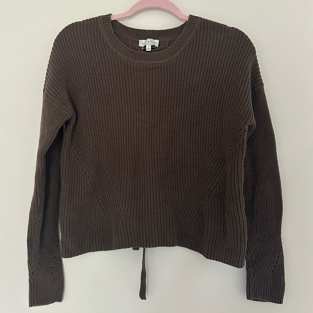 Lucky Brand Olive Green Tie Back Knit Sweater Fall Size S 100% Cotton